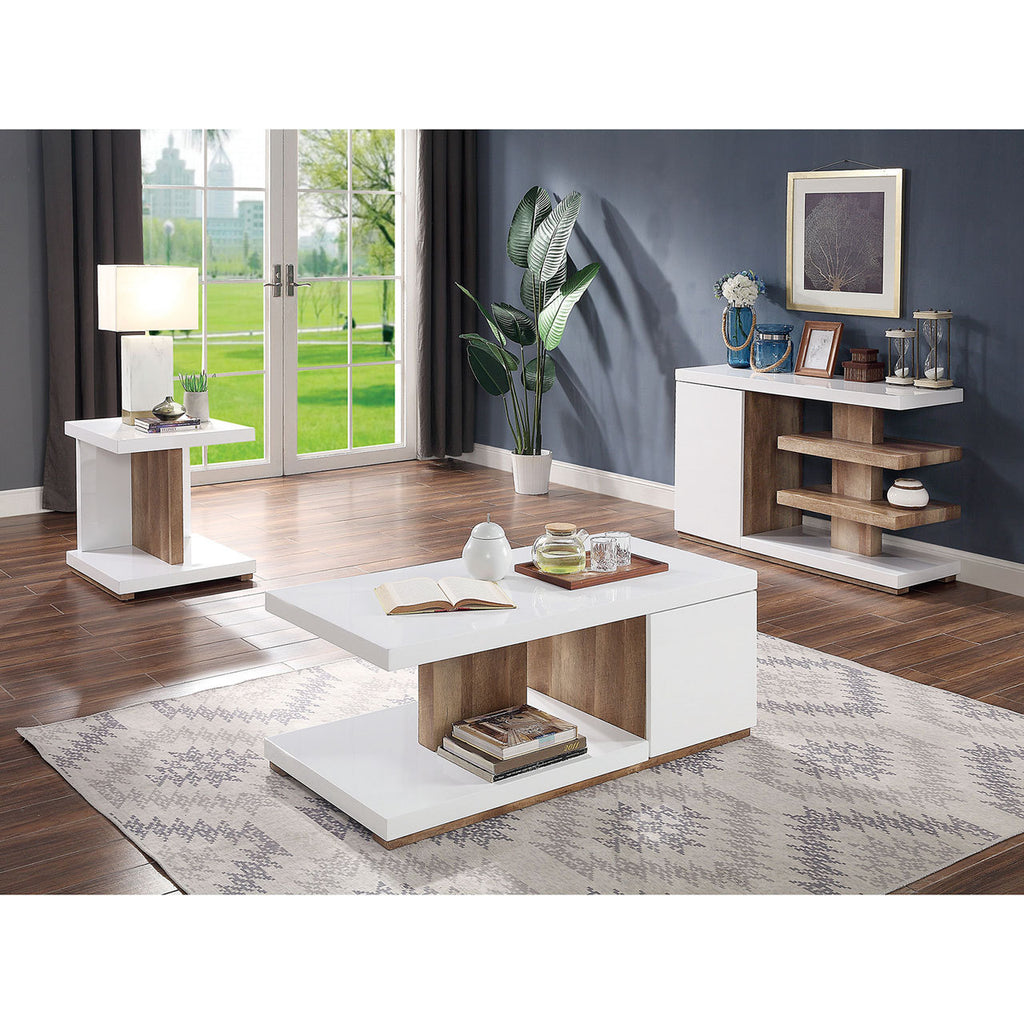 End Table Modern Contemporary Style Two Tone Design High Gloss Finish Open Shelves Wooden Base White And Natural Tone Finish Coffee Table-Not Included