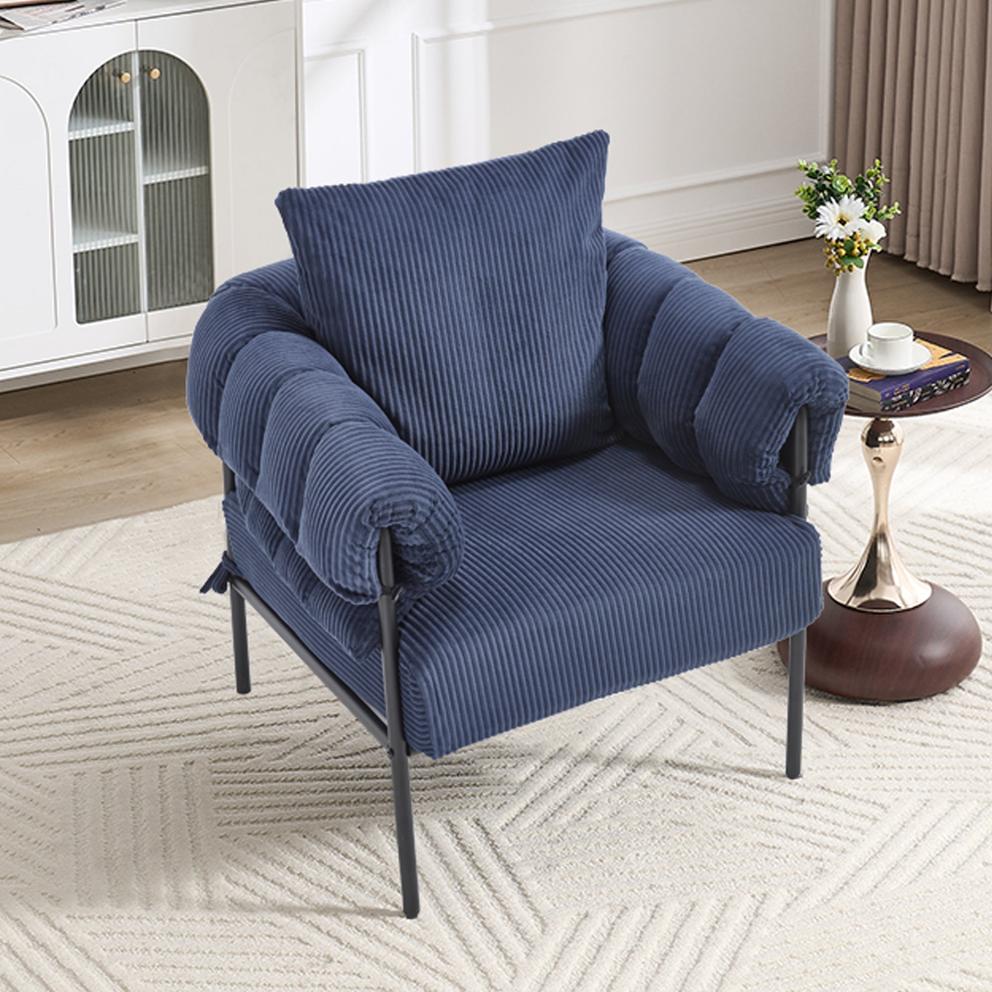 TS Modern decorative chair, living room side chair with gold metal legs, no wheels, suitable for dressing area, reception room, office,Teddy fleece upholstered metal foot sofa 1PC Dark Blue Accent Chair