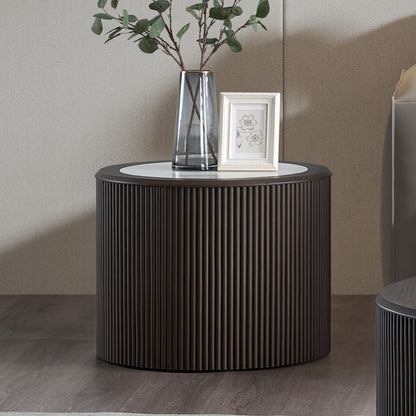 Modern Marble Pattern Coffee Table 23.62 inch Round End Coffee Table for Living Room,Small Side Table with Sturdy Pedestal for Bedroom,Dark Brown