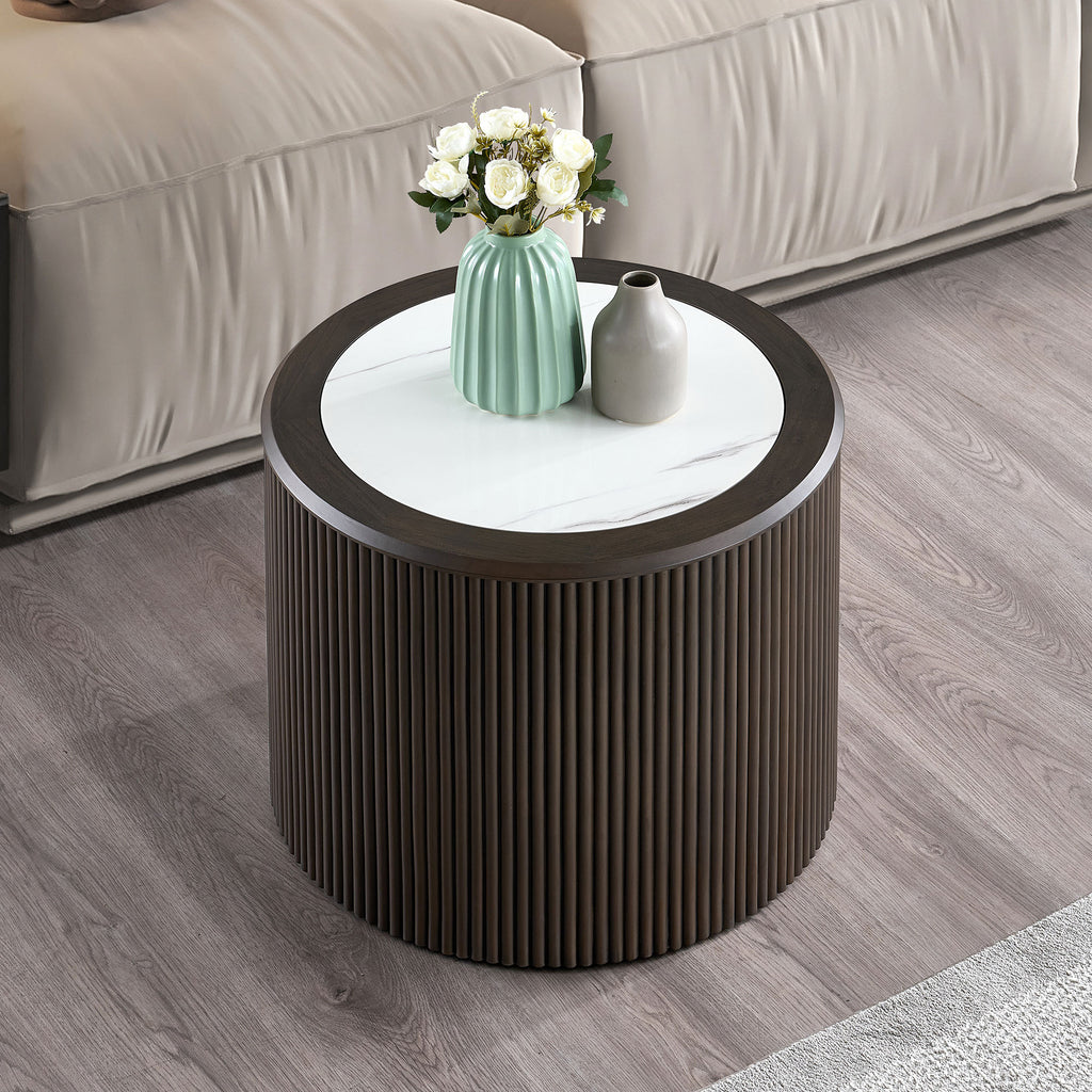 Modern Marble Pattern Coffee Table 23.62 inch Round End Coffee Table for Living Room,Small Side Table with Sturdy Pedestal for Bedroom,Dark Brown