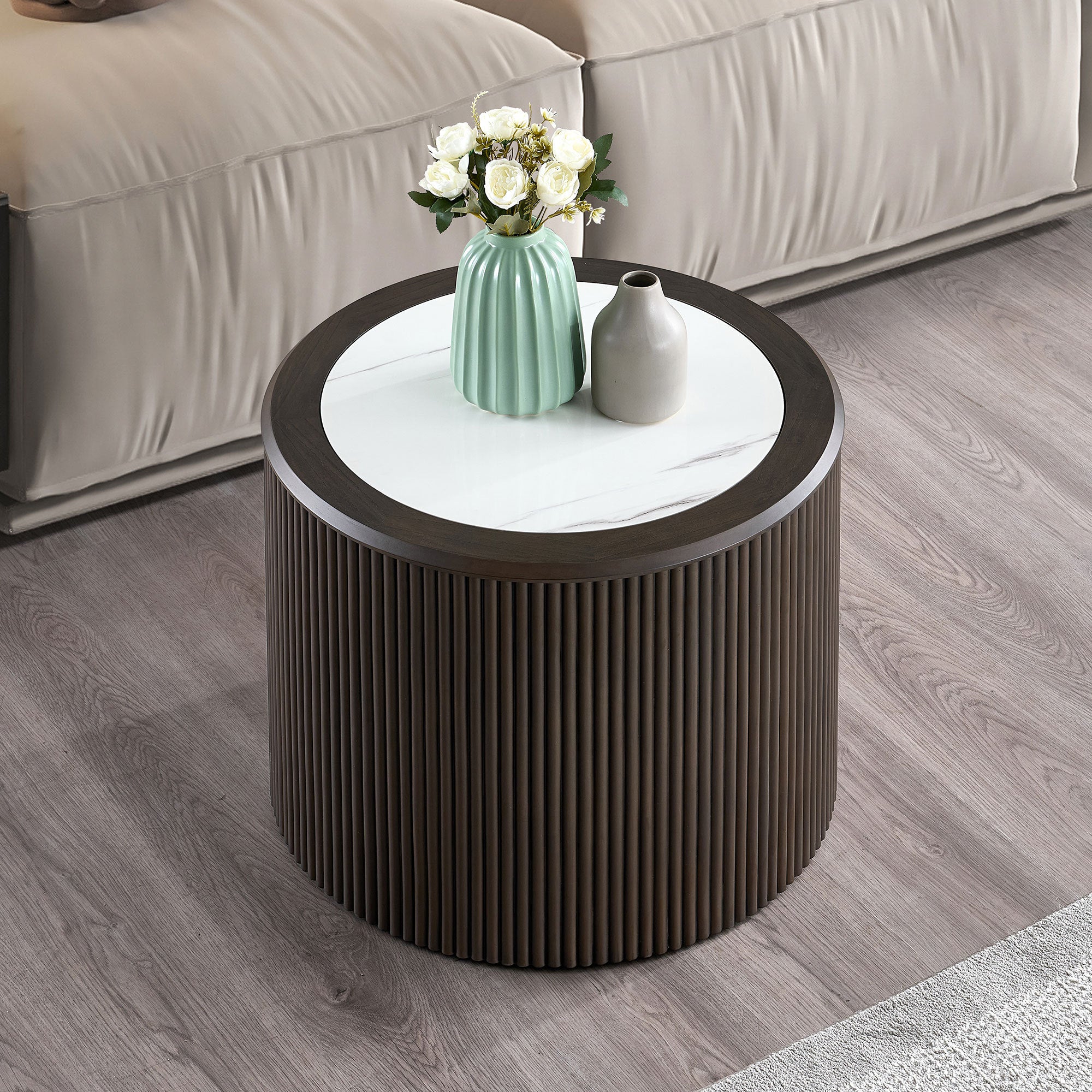 Modern Marble Pattern Coffee Table 23.62 inch Round End Coffee Table for Living Room,Small Side Table with Sturdy Pedestal for Bedroom,Dark Brown