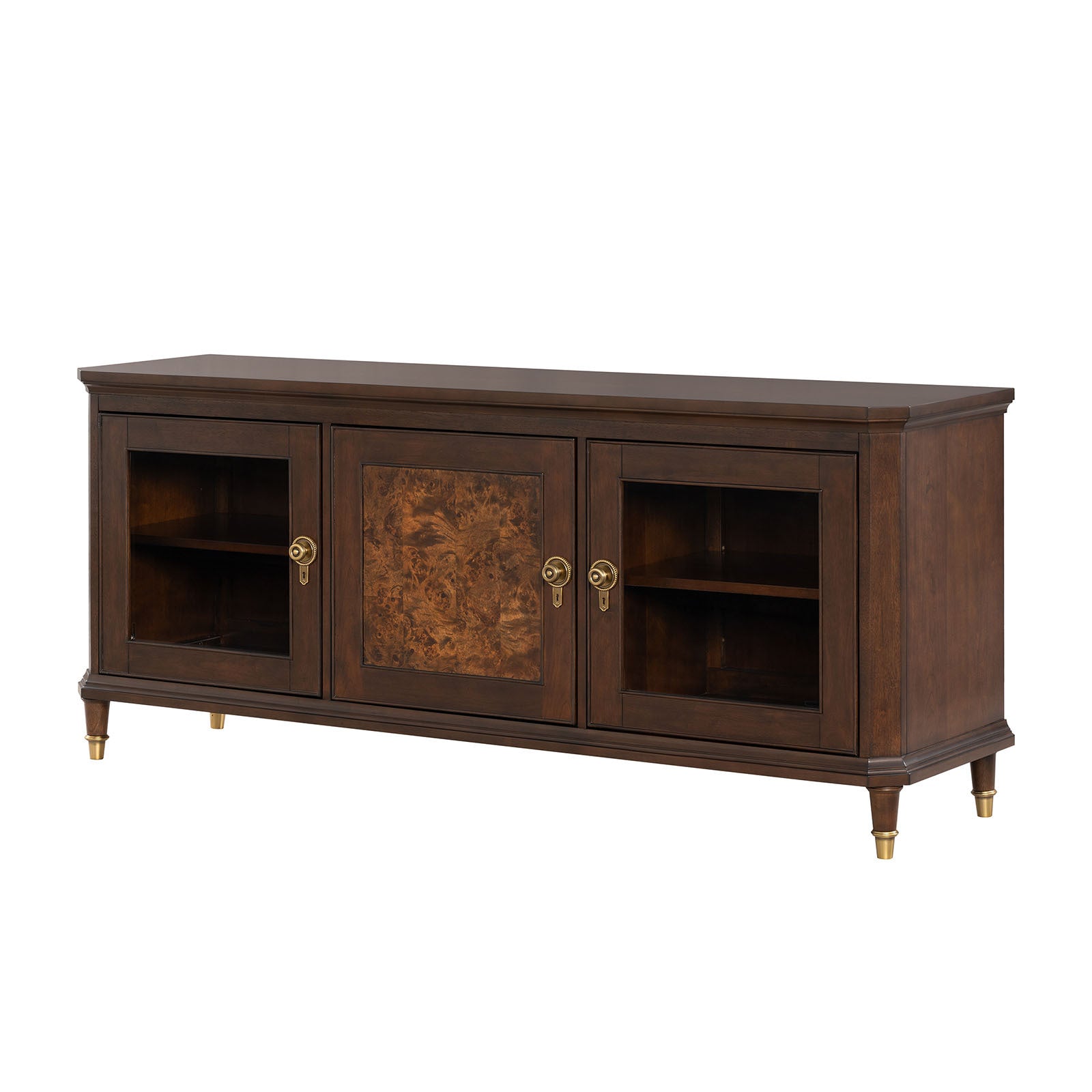 Modern Style TV Stand 3 Drawers Gold Round Knobs And Legs Felt Line Drawers Dark Cherry Finish Media Console