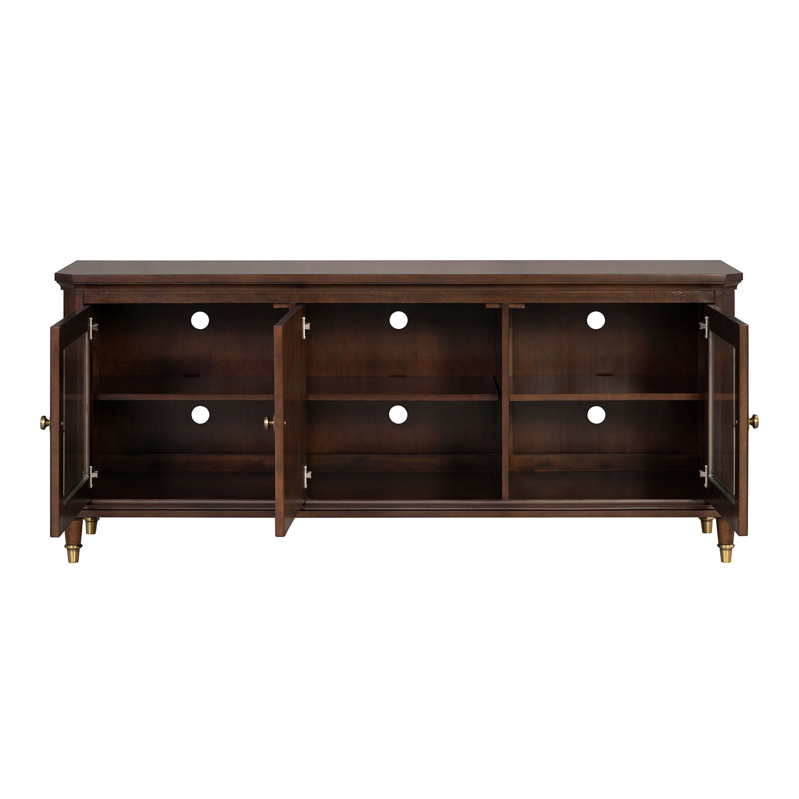 Modern Style TV Stand 3 Drawers Gold Round Knobs And Legs Felt Line Drawers Dark Cherry Finish Media Console
