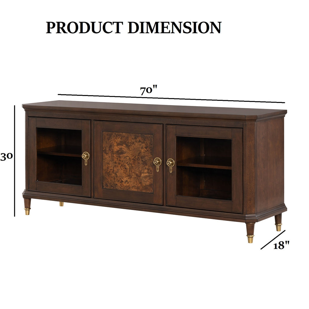 Modern Style TV Stand 3 Drawers Gold Round Knobs And Legs Felt Line Drawers Dark Cherry Finish Media Console