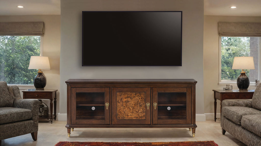 Modern Style TV Stand 3 Drawers Gold Round Knobs And Legs Felt Line Drawers Dark Cherry Finish Media Console