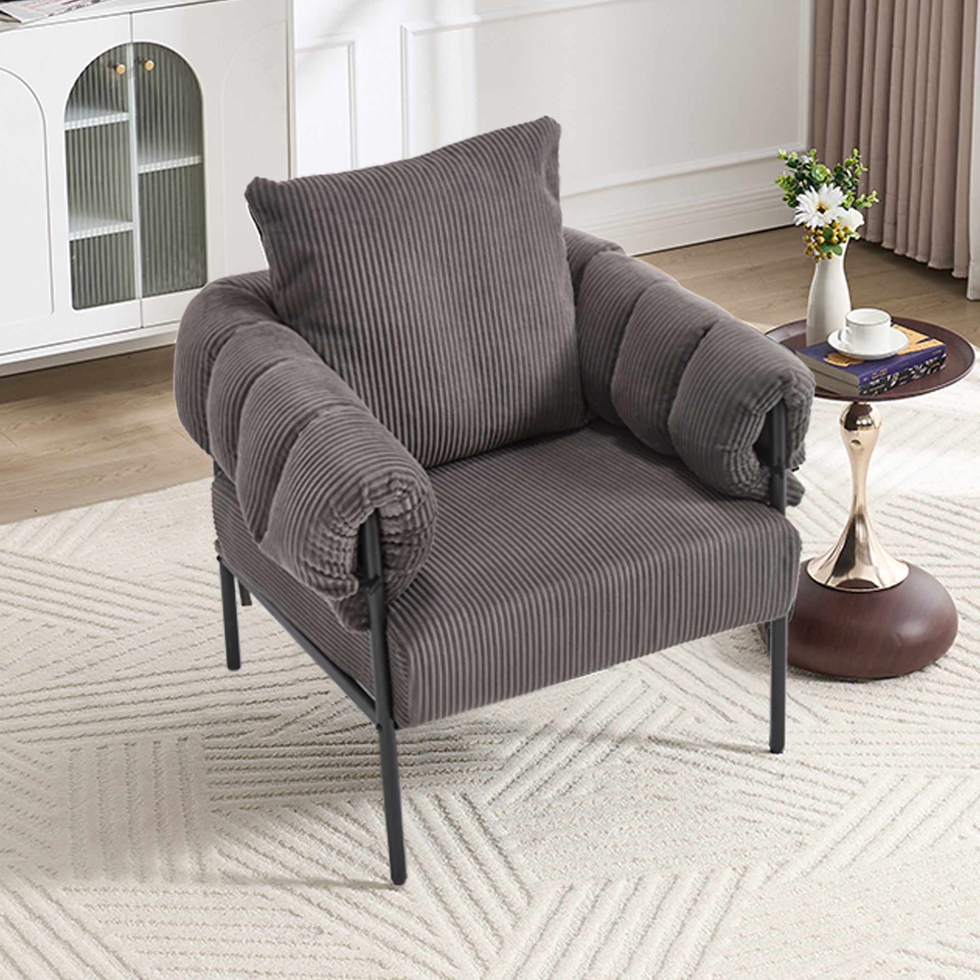TS Modern decorative chair, living room side chair with gold metal legs, no wheels, suitable for dressing area, reception room, office,Teddy fleece upholstered metal foot sofa 1PC DARK GREY Accent Chair