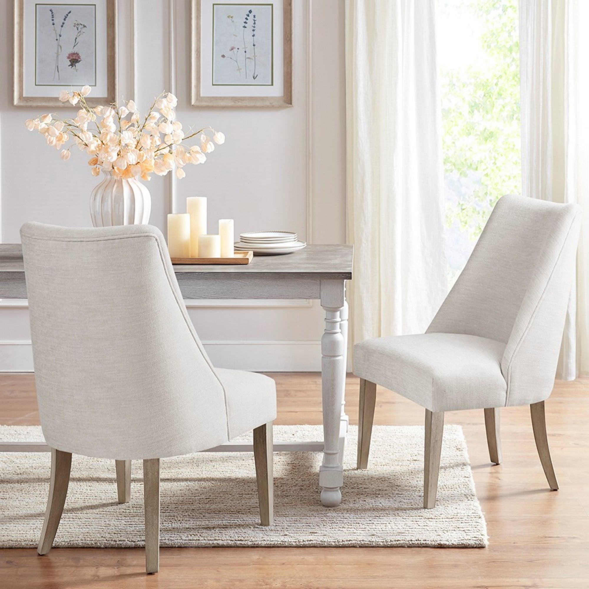 Modern Type Dining Chair Set of 2 Upholstered Ivory Solid Wood Dining Chair