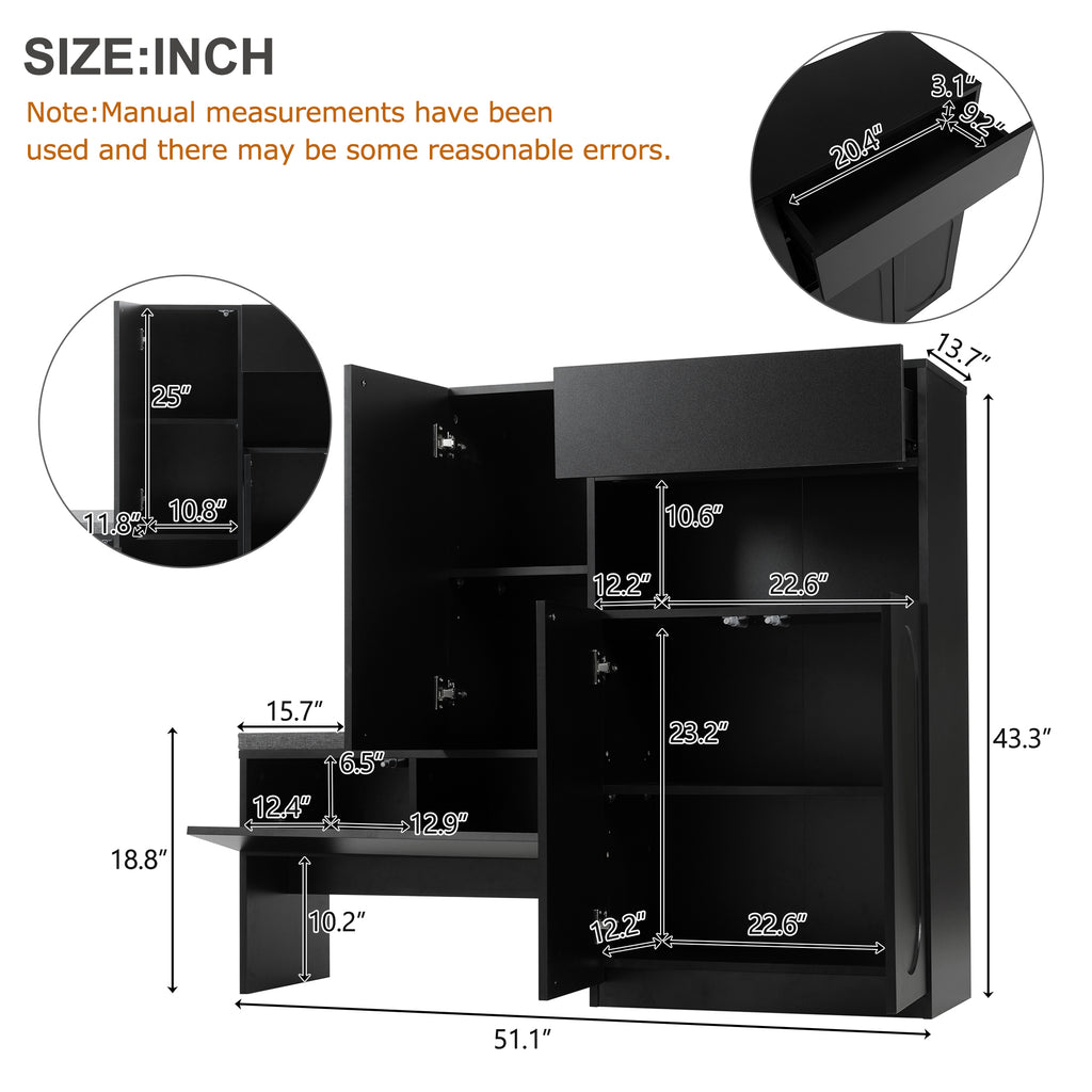 Elegant 2-in-1 Shoe Cabinets with Soft Cushion , Modern Narrow Storage Bench with Arched Doors & Rebound Devices, Versatile Shoe Rack Organizer with Adjustable Shelves for Hallway, Living Room, Black