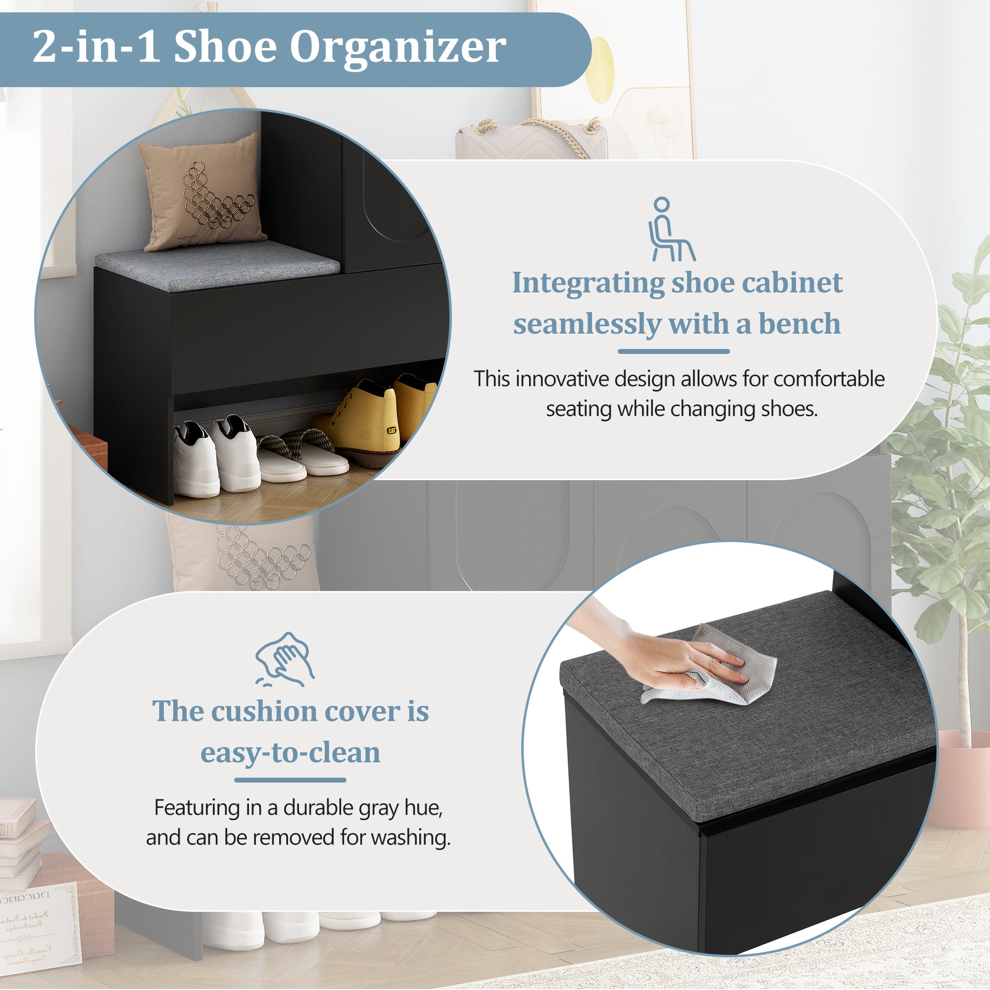Elegant 2-in-1 Shoe Cabinets with Soft Cushion , Modern Narrow Storage Bench with Arched Doors & Rebound Devices, Versatile Shoe Rack Organizer with Adjustable Shelves for Hallway, Living Room, Black