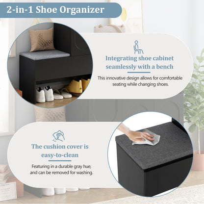 Elegant 2-in-1 Shoe Cabinets with Soft Cushion , Modern Narrow Storage Bench with Arched Doors & Rebound Devices, Versatile Shoe Rack Organizer with Adjustable Shelves for Hallway, Living Room, Black