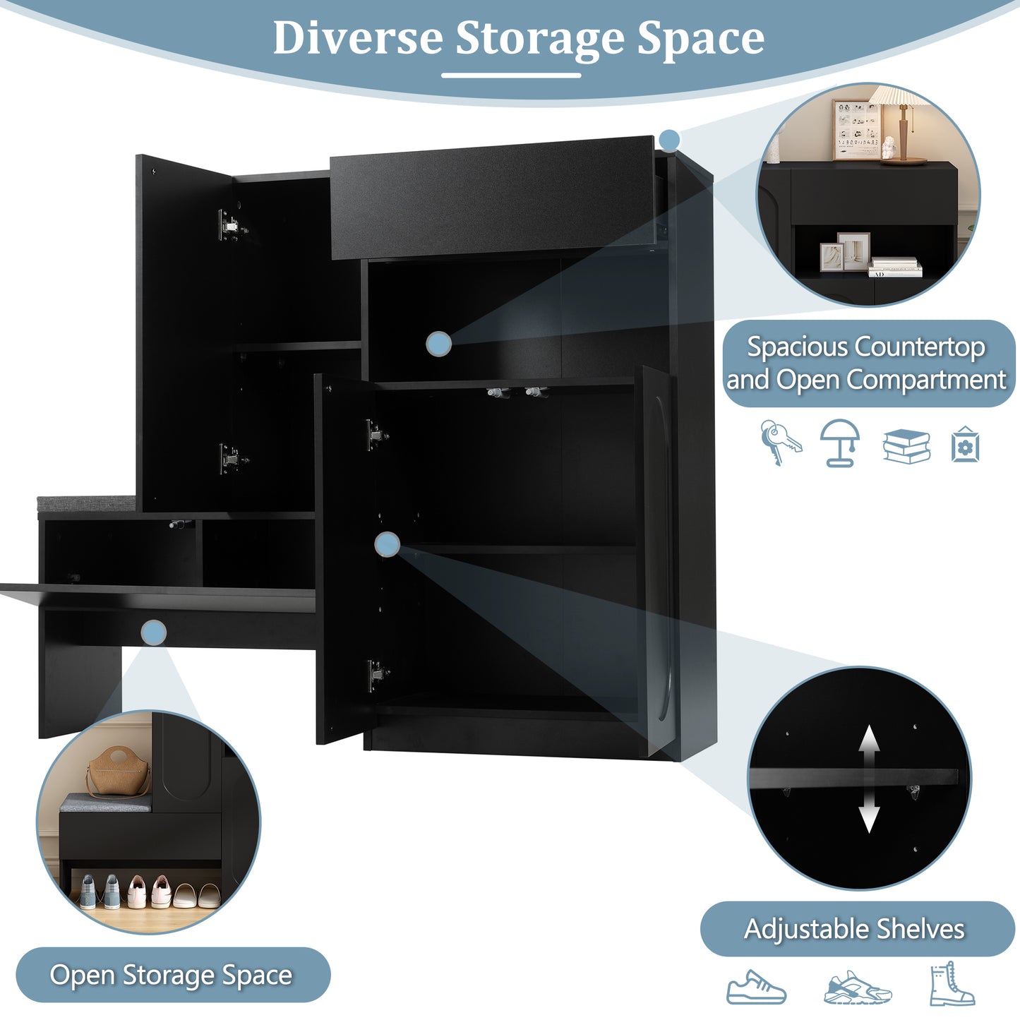 Elegant 2-in-1 Shoe Cabinets with Soft Cushion , Modern Narrow Storage Bench with Arched Doors & Rebound Devices, Versatile Shoe Rack Organizer with Adjustable Shelves for Hallway, Living Room, Black