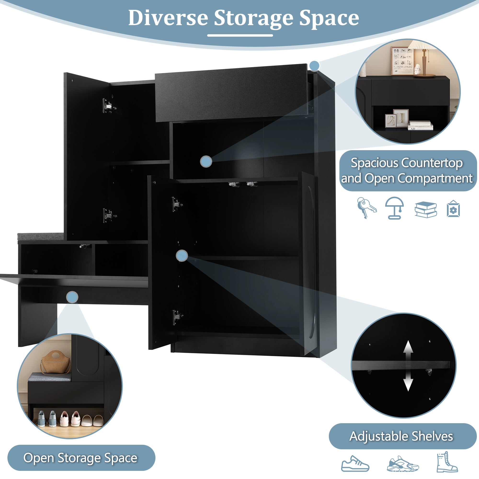 Elegant 2-in-1 Shoe Cabinets with Soft Cushion , Modern Narrow Storage Bench with Arched Doors & Rebound Devices, Versatile Shoe Rack Organizer with Adjustable Shelves for Hallway, Living Room, Black