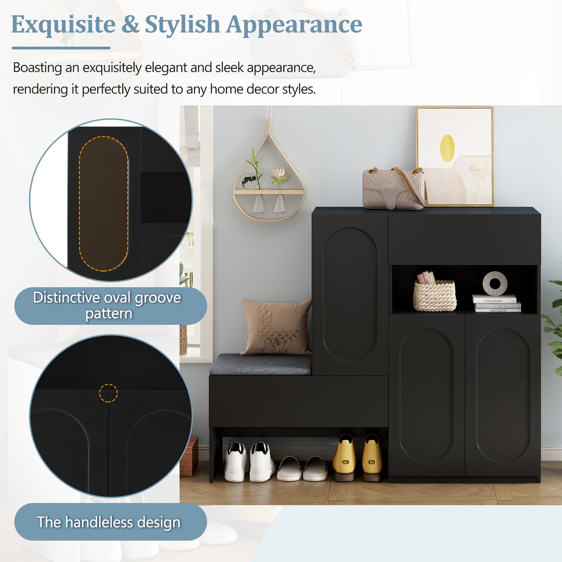 Elegant 2-in-1 Shoe Cabinets with Soft Cushion , Modern Narrow Storage Bench with Arched Doors & Rebound Devices, Versatile Shoe Rack Organizer with Adjustable Shelves for Hallway, Living Room, Black