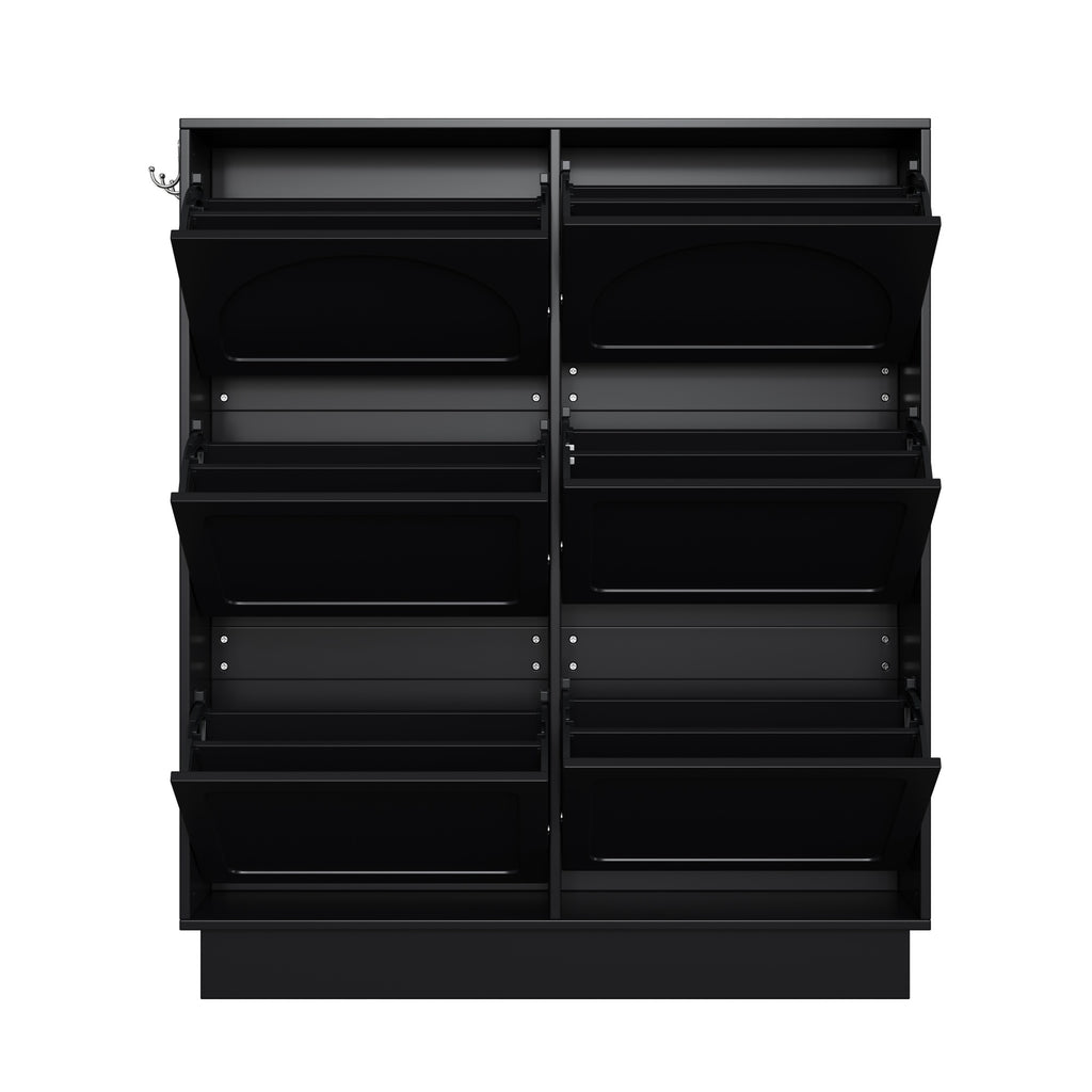 Modern Elegant Narrow Tipping Bucket Shoe Cabinet with 6 Flip Drawers, Space Saving Design, Cream Style Entryway Organizer with Adjustable Shelf, Free-Standing Shoe Rack with 3 Silvery Hooks, Black