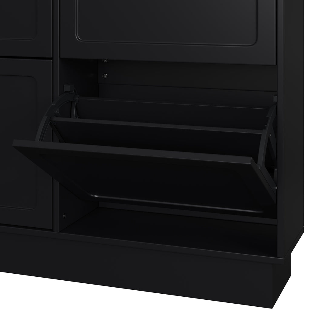 Modern Elegant Narrow Tipping Bucket Shoe Cabinet with 6 Flip Drawers, Space Saving Design, Cream Style Entryway Organizer with Adjustable Shelf, Free-Standing Shoe Rack with 3 Silvery Hooks, Black