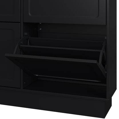 Modern Elegant Narrow Tipping Bucket Shoe Cabinet with 6 Flip Drawers, Space Saving Design, Cream Style Entryway Organizer with Adjustable Shelf, Free-Standing Shoe Rack with 3 Silvery Hooks, Black