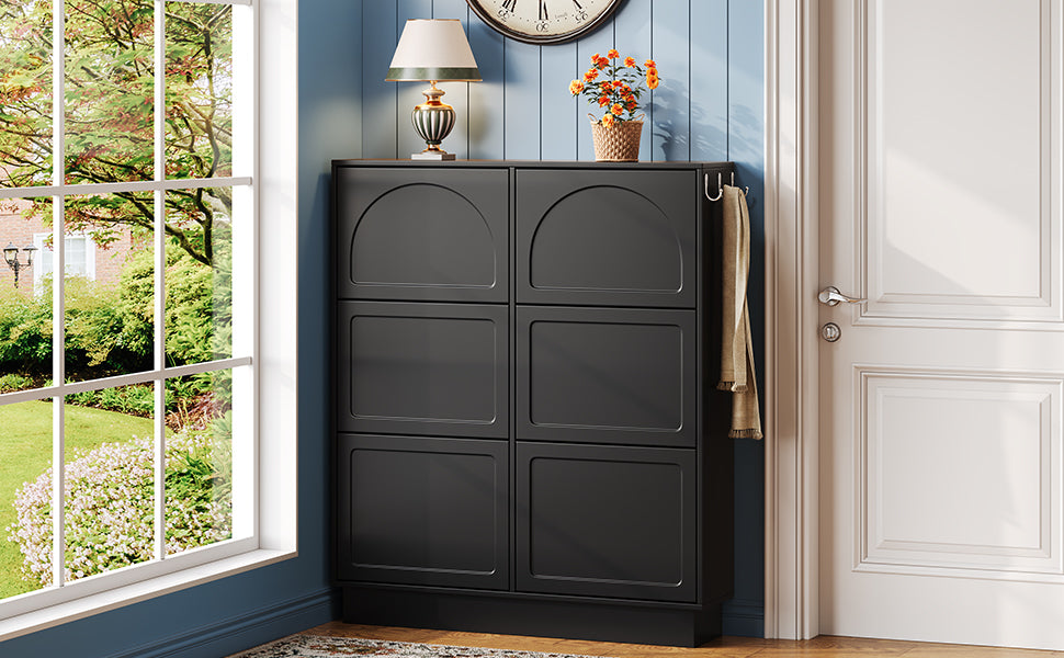 Modern Elegant Narrow Tipping Bucket Shoe Cabinet with 6 Flip Drawers, Space Saving Design, Cream Style Entryway Organizer with Adjustable Shelf, Free-Standing Shoe Rack with 3 Silvery Hooks, Black