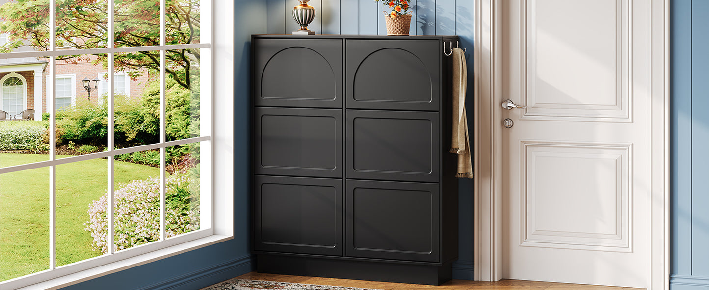 Modern Elegant Narrow Tipping Bucket Shoe Cabinet with 6 Flip Drawers, Space Saving Design, Cream Style Entryway Organizer with Adjustable Shelf, Free-Standing Shoe Rack with 3 Silvery Hooks, Black