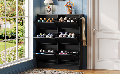 Modern Elegant Narrow Tipping Bucket Shoe Cabinet with 6 Flip Drawers, Space Saving Design, Cream Style Entryway Organizer with Adjustable Shelf, Free-Standing Shoe Rack with 3 Silvery Hooks, Black