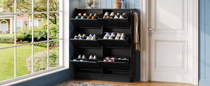 Modern Elegant Narrow Tipping Bucket Shoe Cabinet with 6 Flip Drawers, Space Saving Design, Cream Style Entryway Organizer with Adjustable Shelf, Free-Standing Shoe Rack with 3 Silvery Hooks, Black