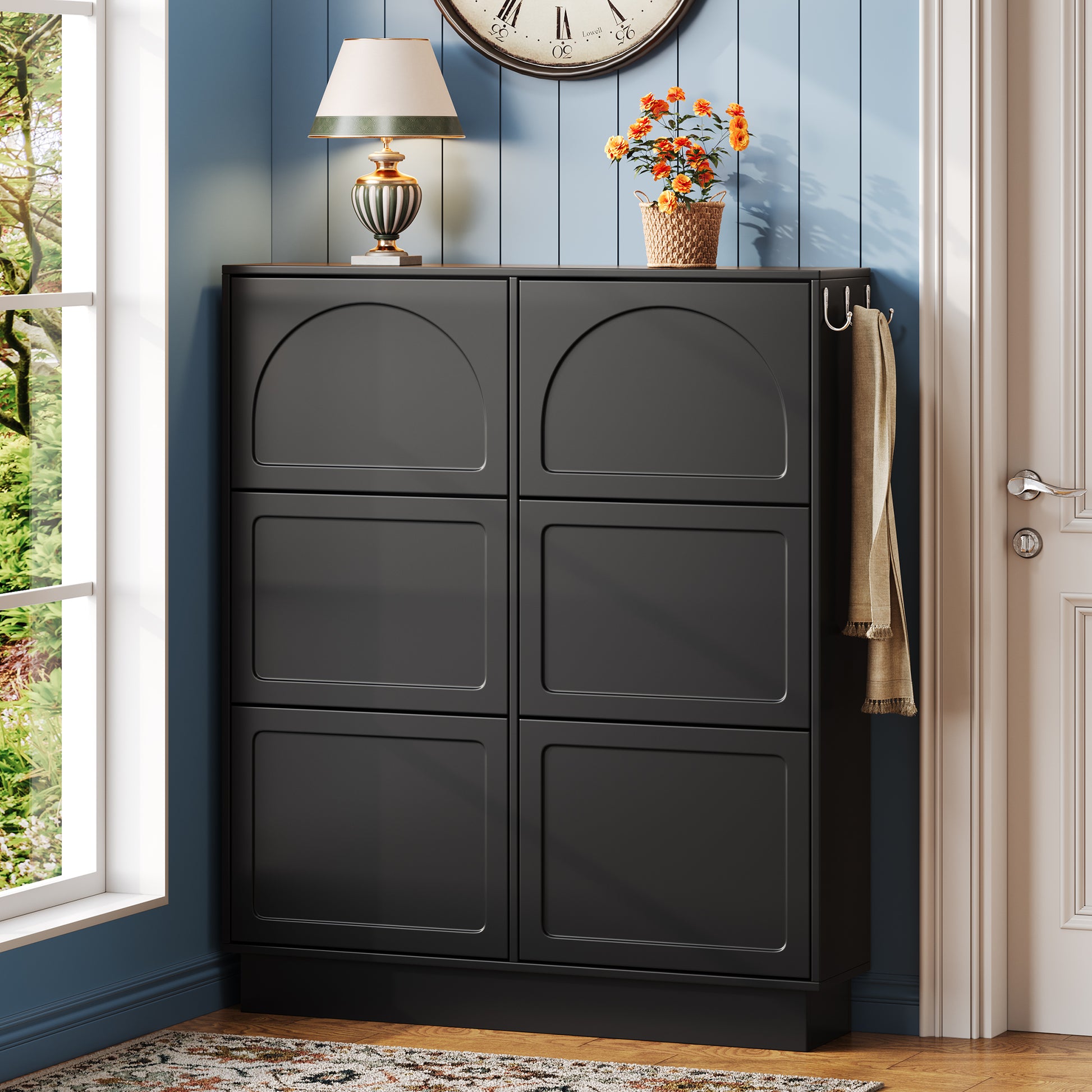 Modern Elegant Narrow Tipping Bucket Shoe Cabinet with 6 Flip Drawers, Space Saving Design, Cream Style Entryway Organizer with Adjustable Shelf, Free-Standing Shoe Rack with 3 Silvery Hooks, Black