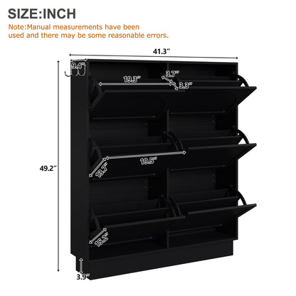 Modern Elegant Narrow Tipping Bucket Shoe Cabinet with 6 Flip Drawers, Space Saving Design, Cream Style Entryway Organizer with Adjustable Shelf, Free-Standing Shoe Rack with 3 Silvery Hooks, Black