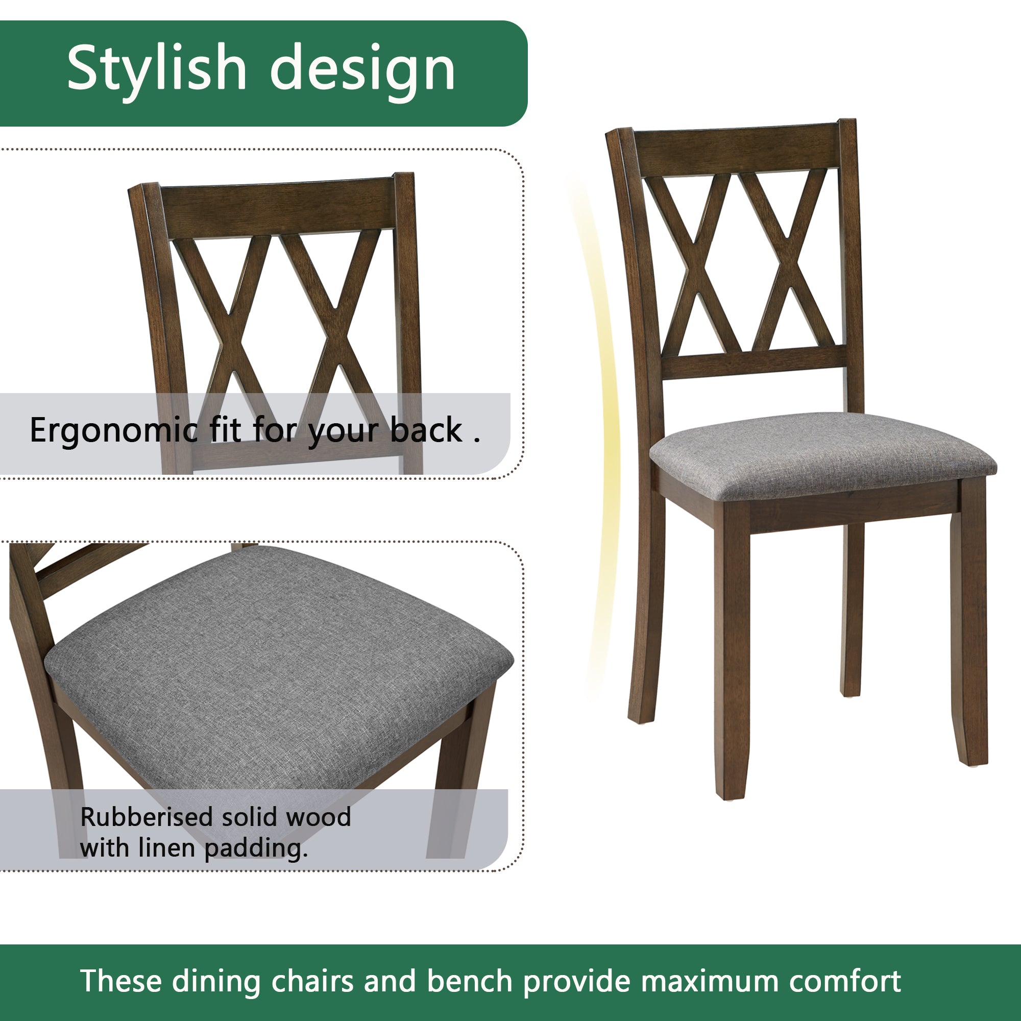 Elegant 5-piece Wooden Dining Table Set with 4 Chairs, Dining Table Set for 4 People, Modern 4 Person Dining Table Set for Living Room, Kitchen and Dining Room, Walnut Dining Table Set