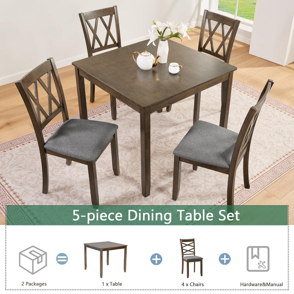 Elegant 5-piece Wooden Dining Table Set with 4 Chairs, Dining Table Set for 4 People, Modern 4 Person Dining Table Set for Living Room, Kitchen and Dining Room, Walnut Dining Table Set