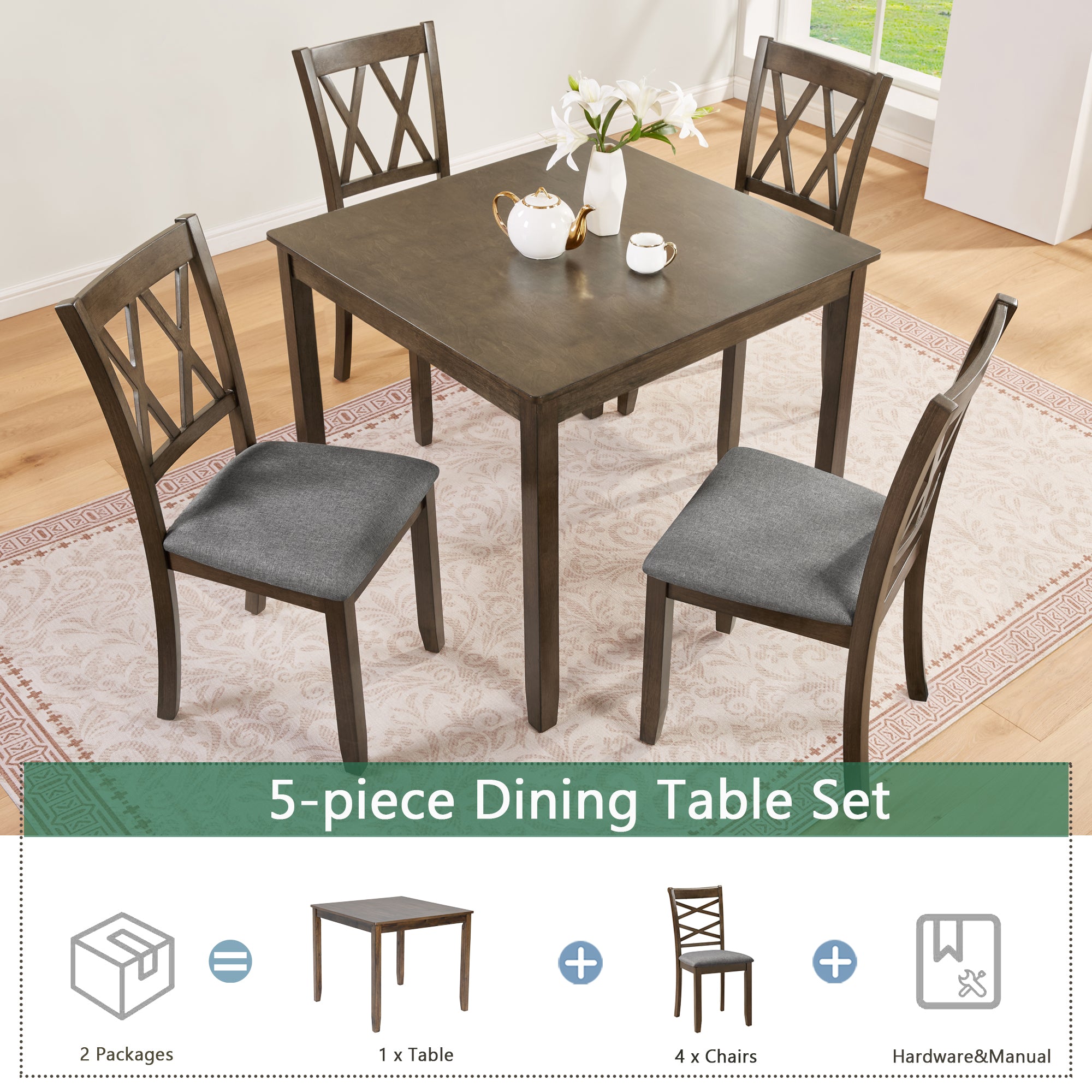Elegant 5-piece Wooden Dining Table Set with 4 Chairs, Dining Table Set for 4 People, Modern 4 Person Dining Table Set for Living Room, Kitchen and Dining Room, Walnut Dining Table Set