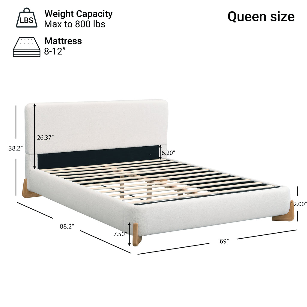 Elegant Boucle Upholstered Bed, A Luxurious and Comfortable Bedroom Centerpiece, Queen Size, White Bed Frame