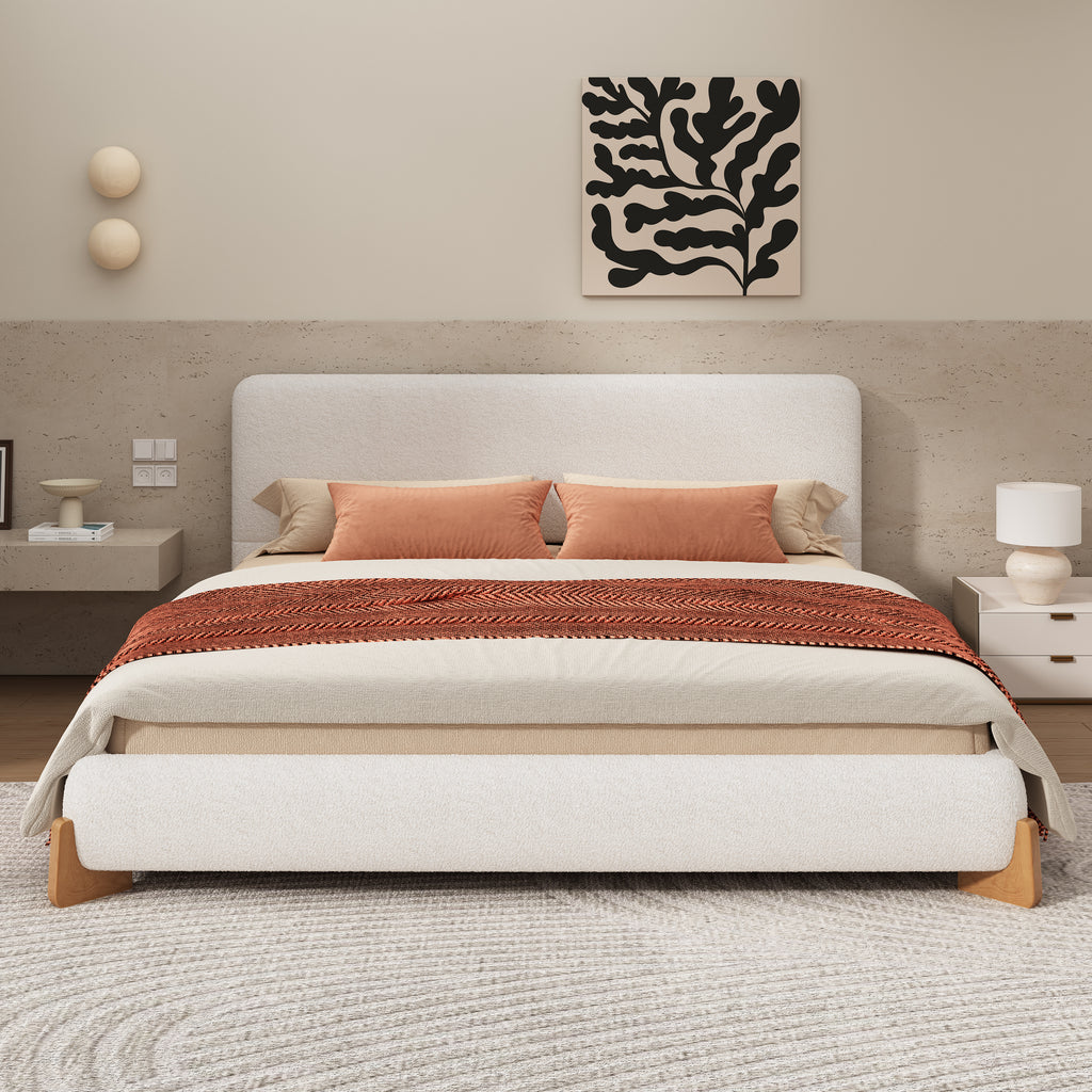 Elegant Boucle Upholstered Bed, A Luxurious and Comfortable Bedroom Centerpiece, Queen Size, White Bed Frame
