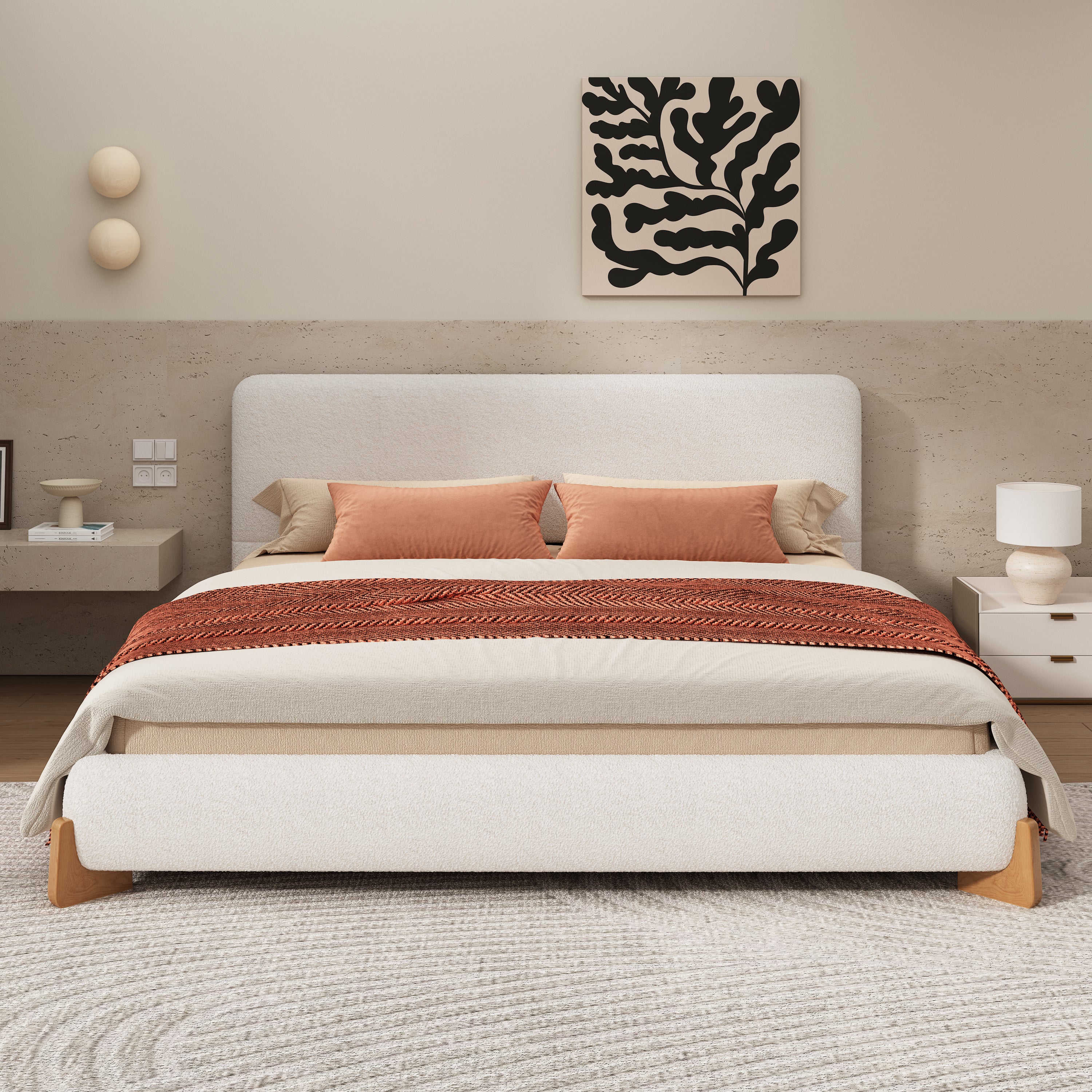 Elegant Boucle Upholstered Bed, A Luxurious and Comfortable Bedroom Centerpiece, Queen Size, White Bed Frame