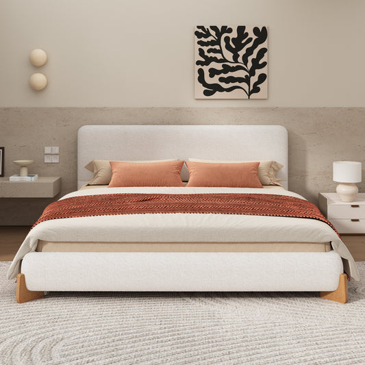 Elegant Boucle Upholstered Bed, A Luxurious and Comfortable Bedroom Centerpiece, Queen Size, White Bed Frame
