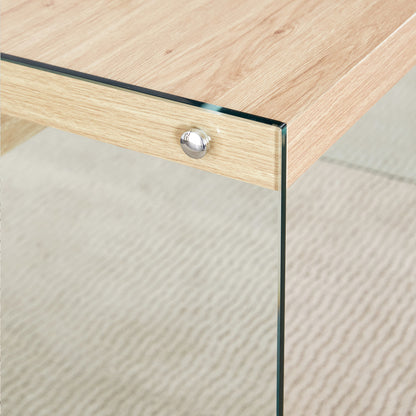 The top of the coffee table is made of medium density fiberboard and wooden stickers, with transparent tempered glass on both sides. The design is simple and elegant, with a sturdy structure.