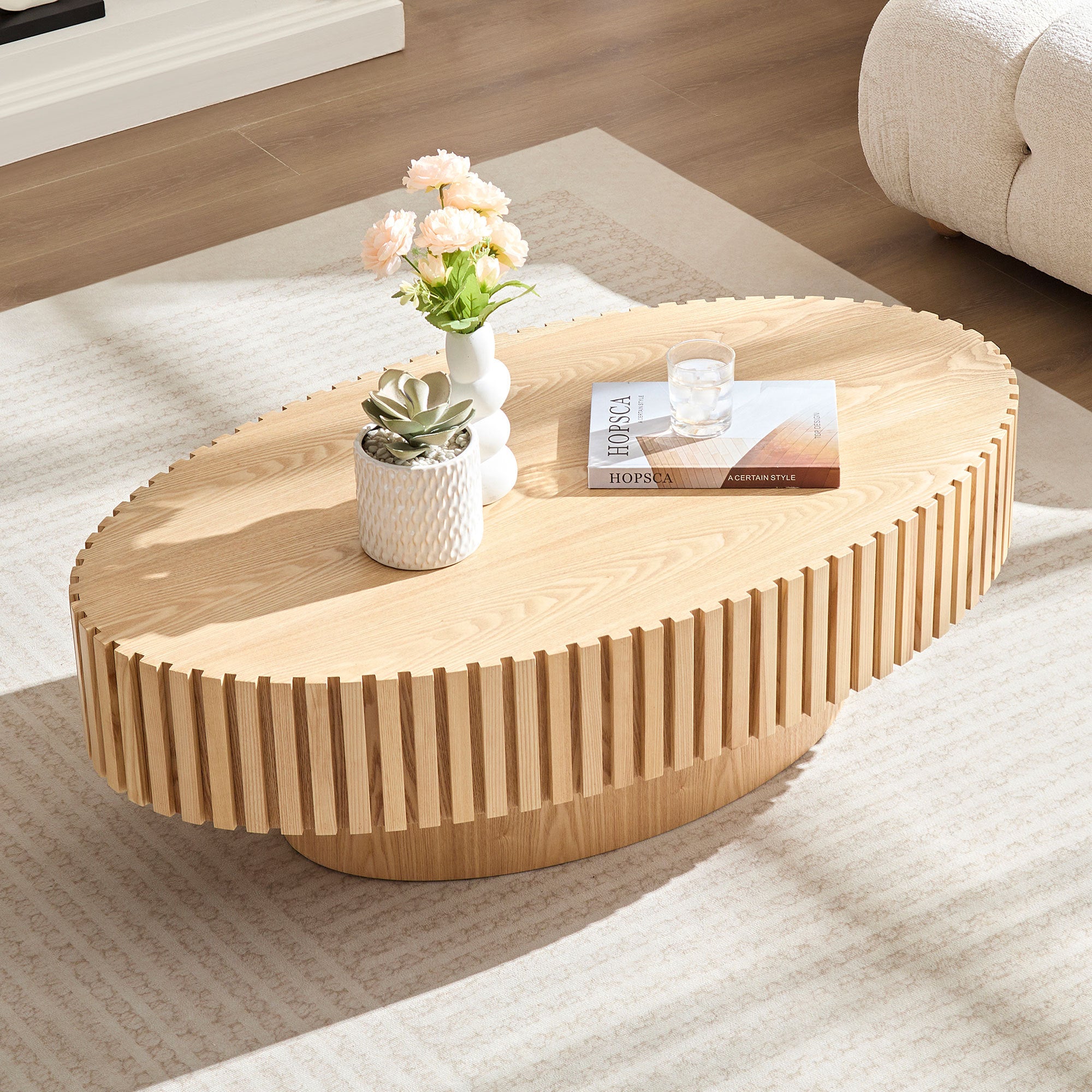 Modern Handcraft Drum Coffee Table Length 43.7 inch Ellipse Coffee Table for Living Room,Small Coffee Table with Sturdy Pedestal,Natural Ash MDF