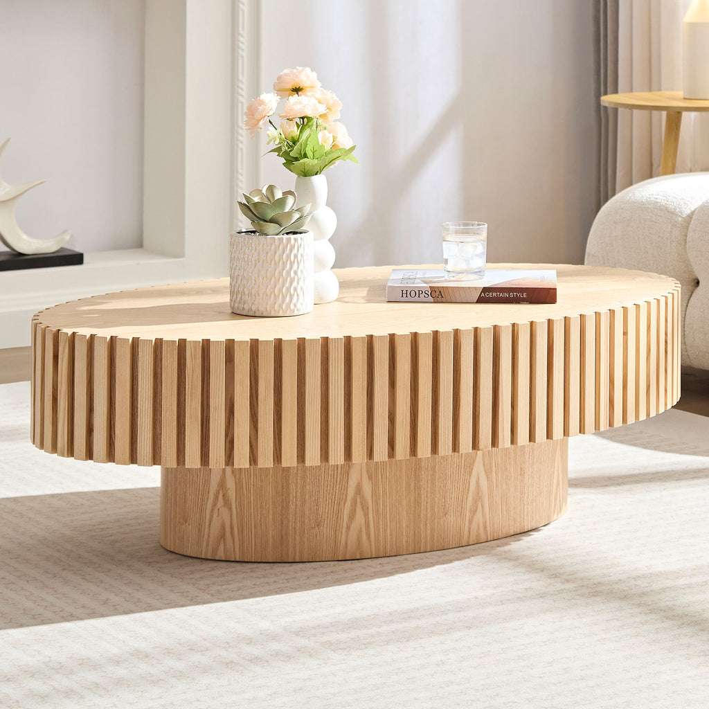 Modern Handcraft Drum Coffee Table Length 43.7 inch Ellipse Coffee Table for Living Room,Small Coffee Table with Sturdy Pedestal,Natural Ash MDF