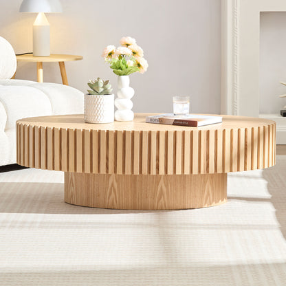 Modern Handcraft Drum Coffee Table Length 43.7 inch Ellipse Coffee Table for Living Room,Small Coffee Table with Sturdy Pedestal,Natural Ash MDF