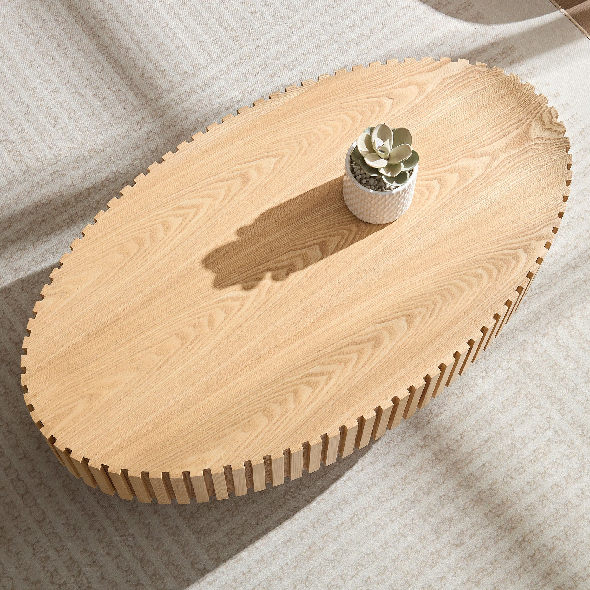 Modern Handcraft Drum Coffee Table Length 43.7 inch Ellipse Coffee Table for Living Room,Small Coffee Table with Sturdy Pedestal,Natural Ash MDF