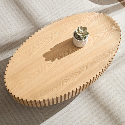 Modern Handcraft Drum Coffee Table Length 43.7 inch Ellipse Coffee Table for Living Room,Small Coffee Table with Sturdy Pedestal,Natural Ash MDF