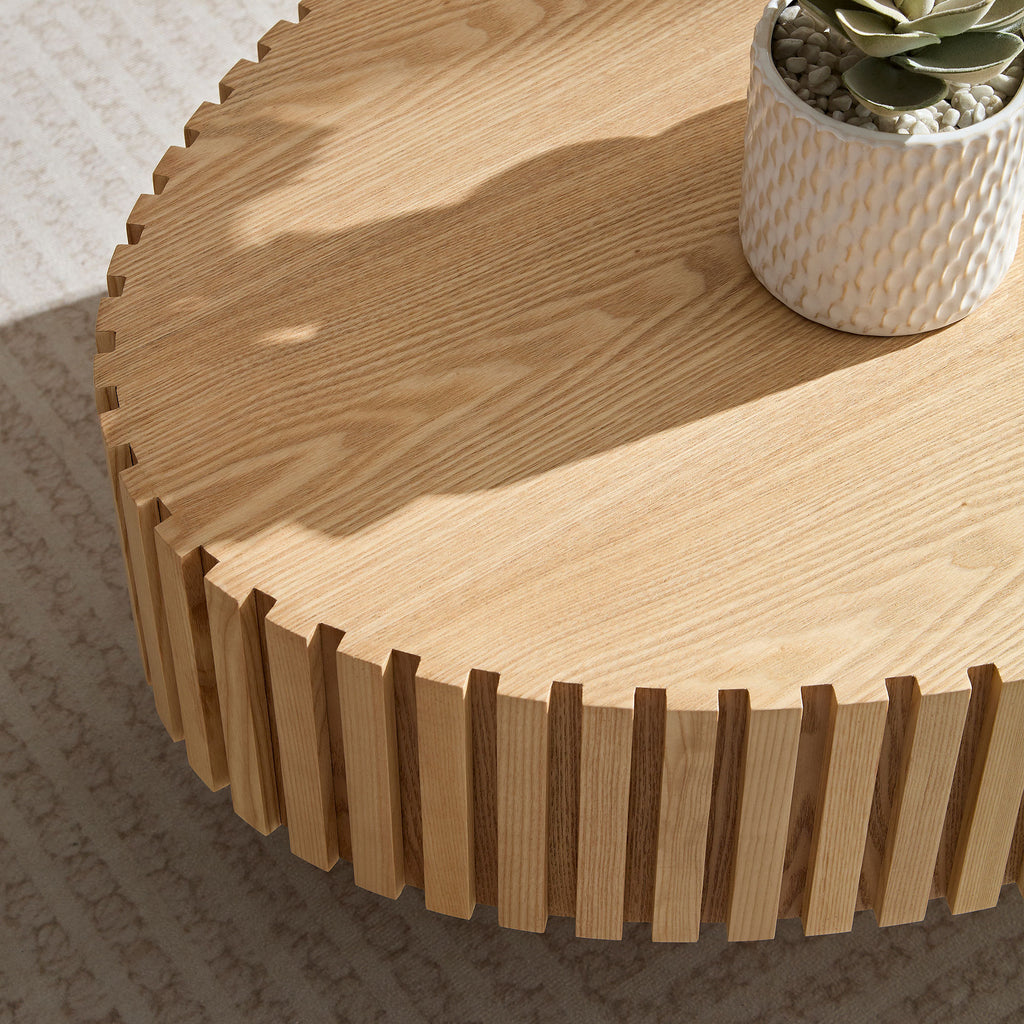Modern Handcraft Drum Coffee Table Length 43.7 inch Ellipse Coffee Table for Living Room,Small Coffee Table with Sturdy Pedestal,Natural Ash MDF