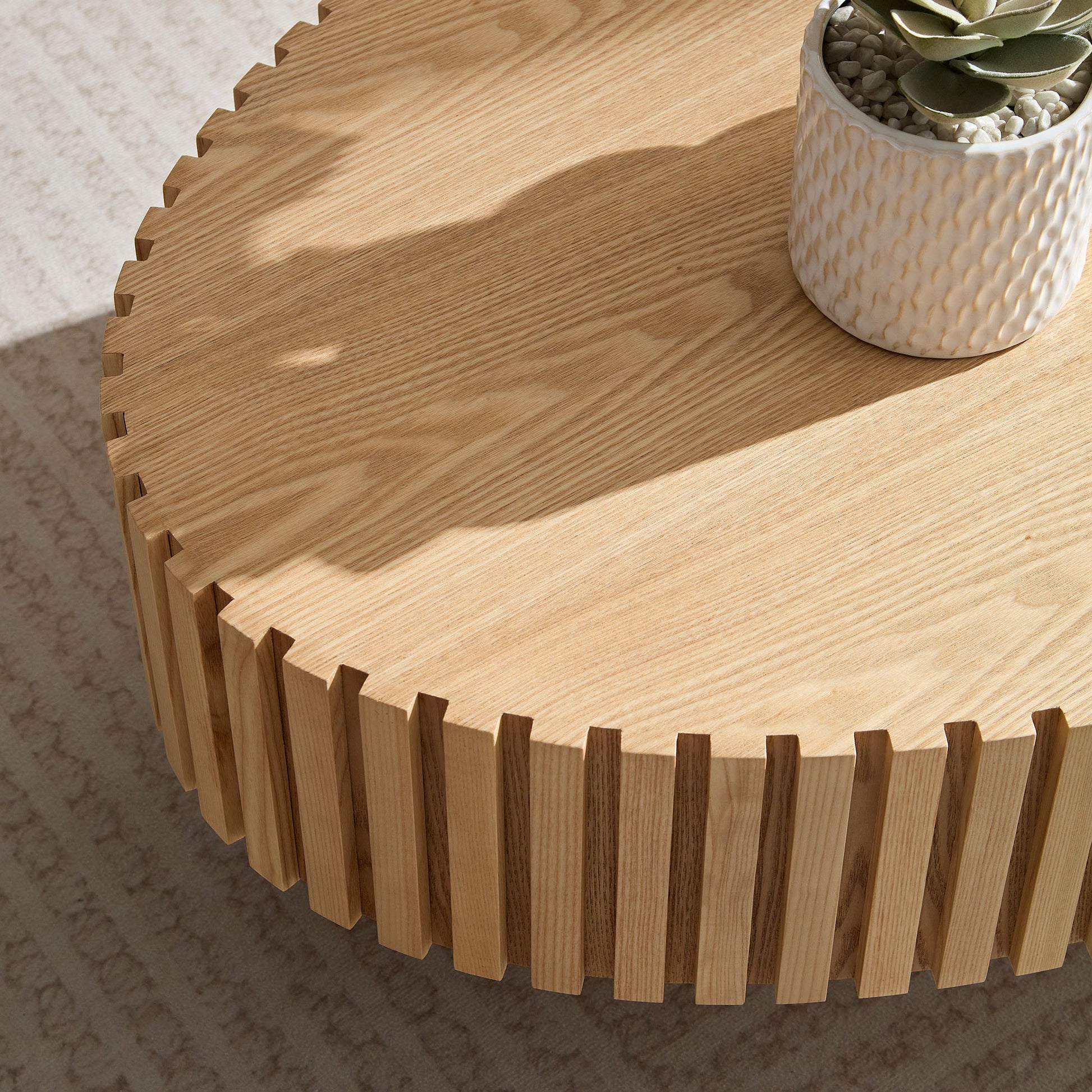 Modern Handcraft Drum Coffee Table Length 43.7 inch Ellipse Coffee Table for Living Room,Small Coffee Table with Sturdy Pedestal,Natural Ash MDF