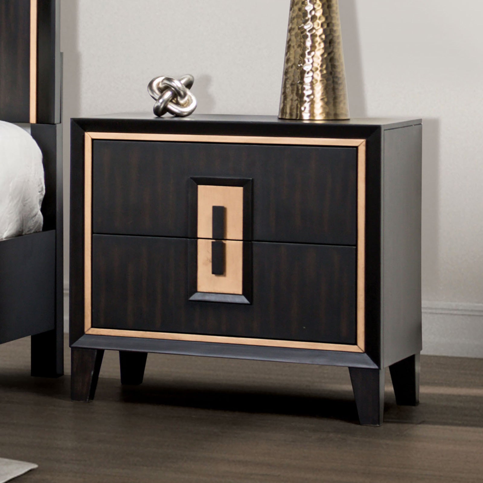 Modern Espresso Bedside Table Bedroom Furniture 1pc Nightstand Gold Accent Trim Wooden Finger Pull