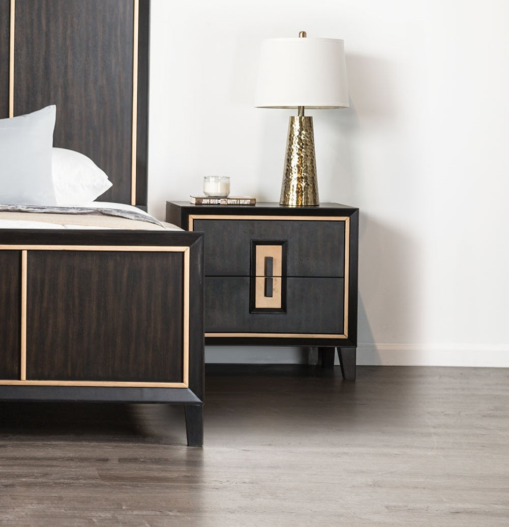 Modern Espresso Bedside Table Bedroom Furniture 1pc Nightstand Gold Accent Trim Wooden Finger Pull