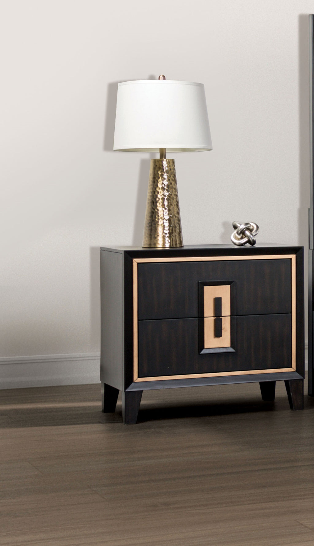 Modern Espresso Bedside Table Bedroom Furniture 1pc Nightstand Gold Accent Trim Wooden Finger Pull