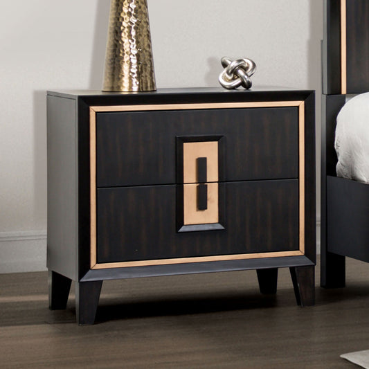 Modern Espresso Bedside Table Bedroom Furniture 1pc Nightstand Gold Accent Trim Wooden Finger Pull