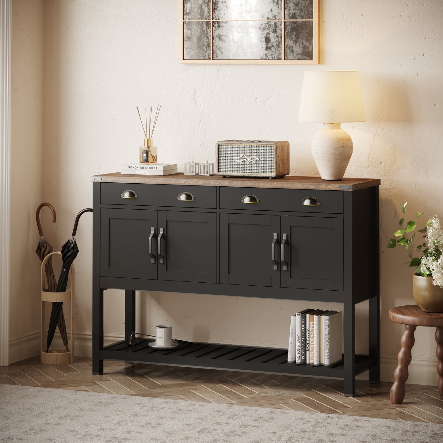 47'' Modern Farmhouse Console Storage Table – Two Drawers,Four-Door Cabinet with Slatted Display Shelf