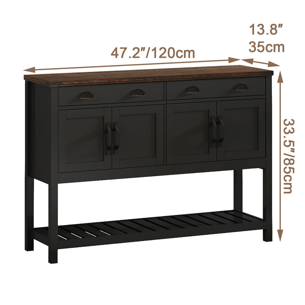 47'' Modern Farmhouse Console Storage Table – Two Drawers,Four-Door Cabinet with Slatted Display Shelf