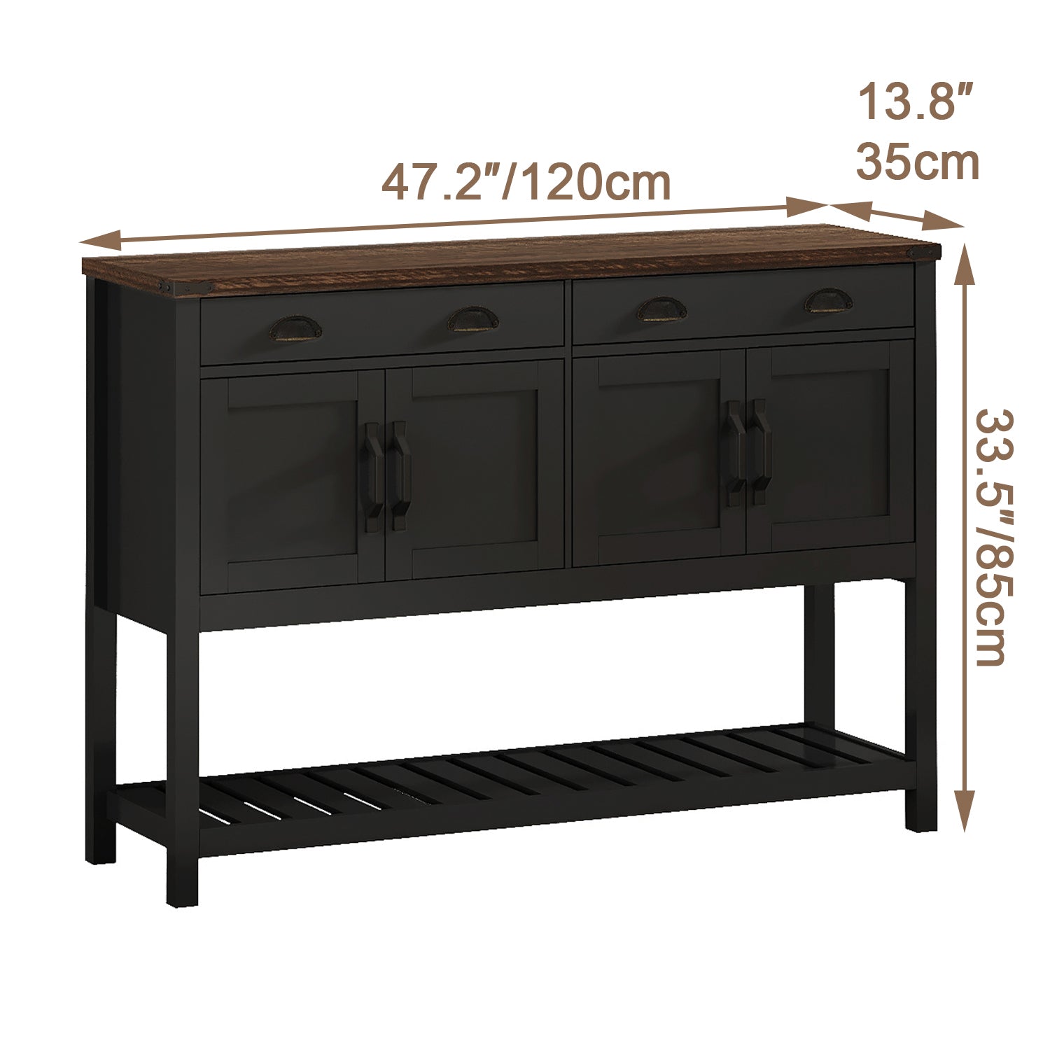 47'' Modern Farmhouse Console Storage Table – Two Drawers,Four-Door Cabinet with Slatted Display Shelf