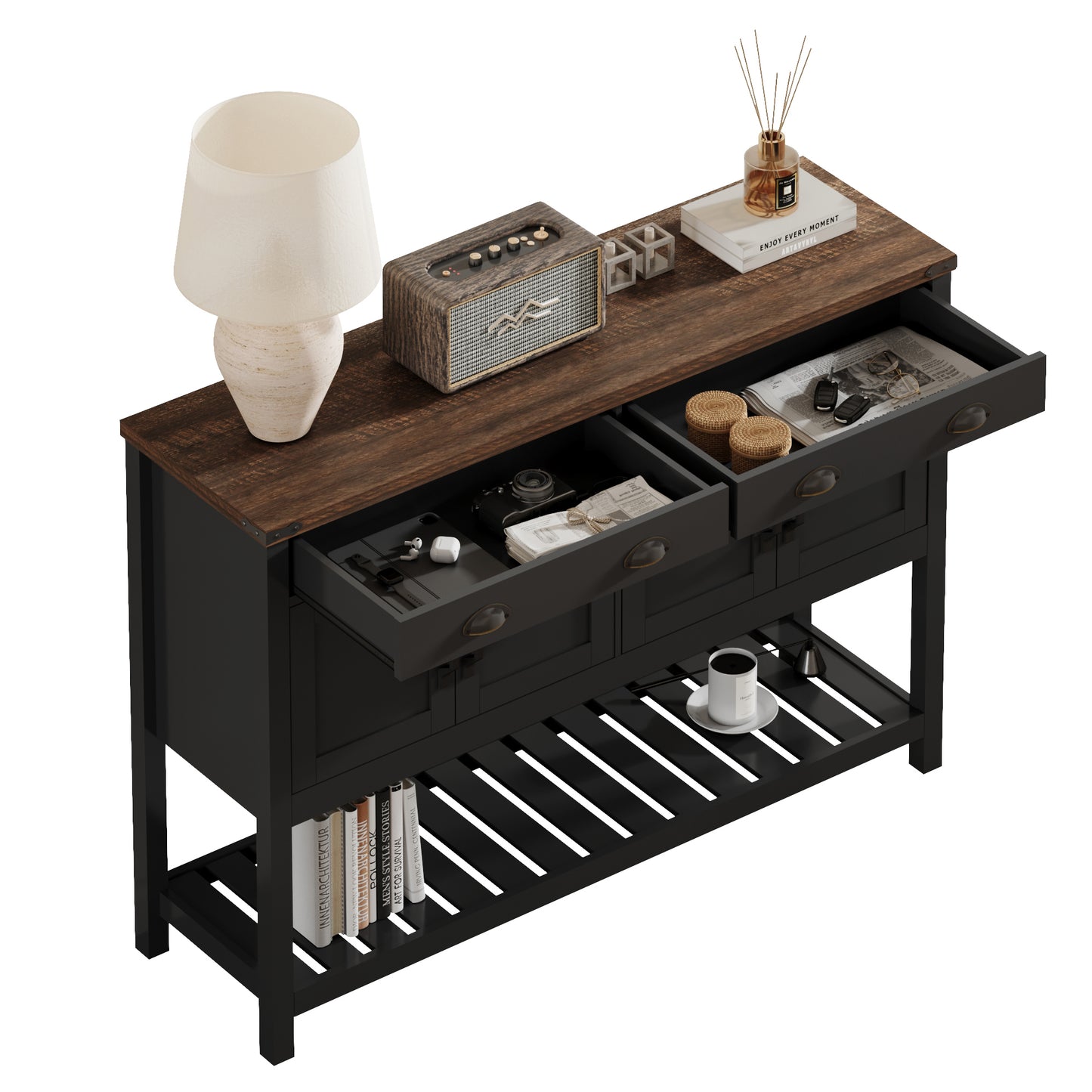 47'' Modern Farmhouse Console Storage Table – Two Drawers,Four-Door Cabinet with Slatted Display Shelf