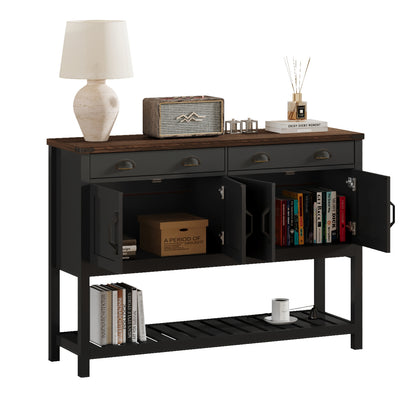 47'' Modern Farmhouse Console Storage Table – Two Drawers,Four-Door Cabinet with Slatted Display Shelf